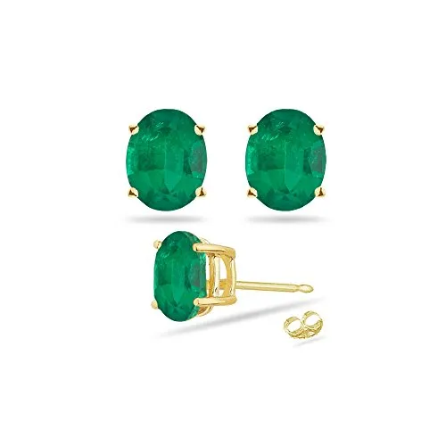 0.69-0.90 Cts of 6x4 mm AA Oval Natural Emerald Stud Earrings in 18K Yellow Gold