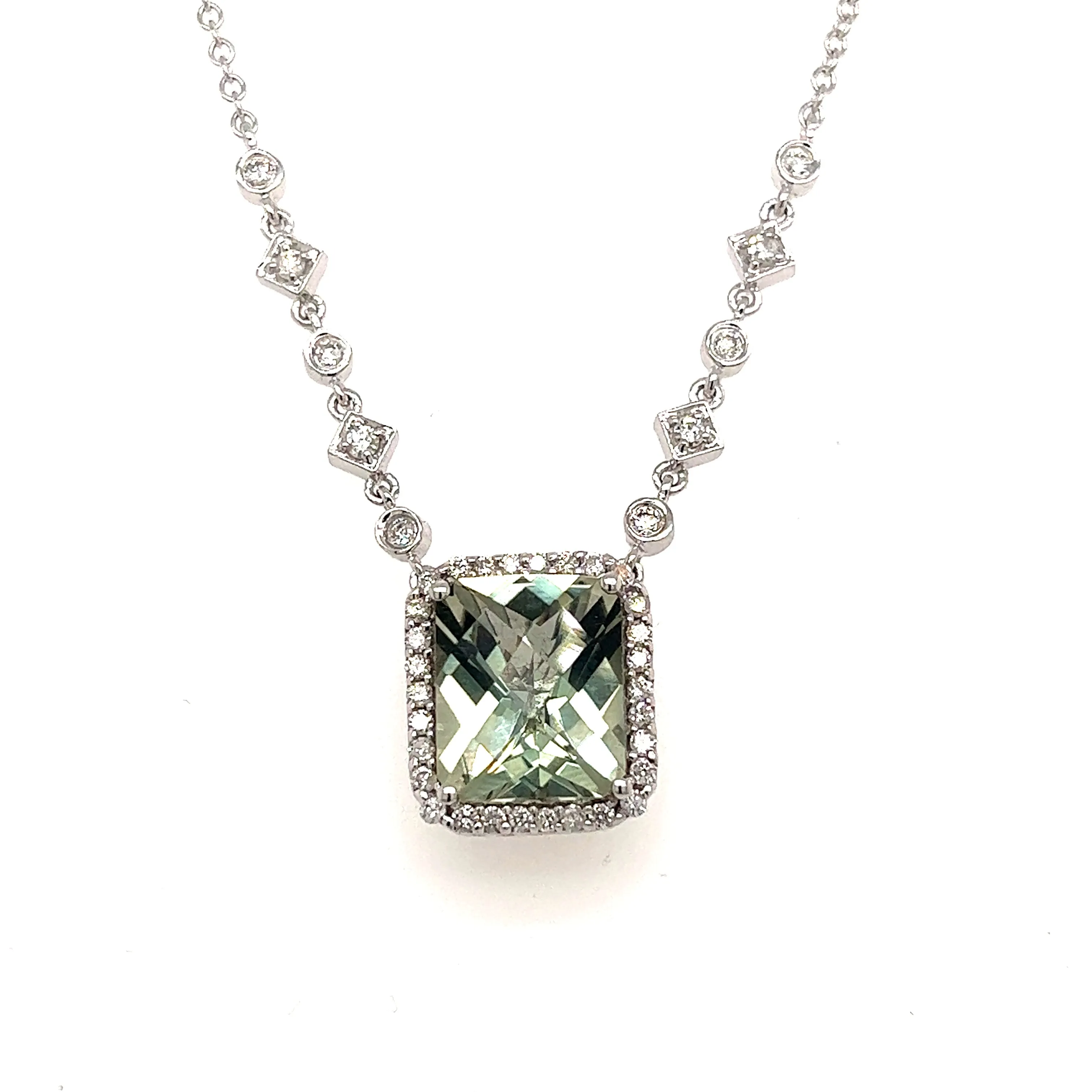 14K White Gold Green Amethyst Cushion Checkboard Cut & Diamond Halo Necklace