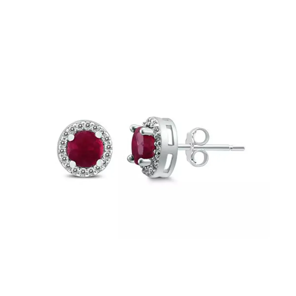 14k White Gold Plated 1/2 Ct Round Created Ruby Halo Stud Earrings