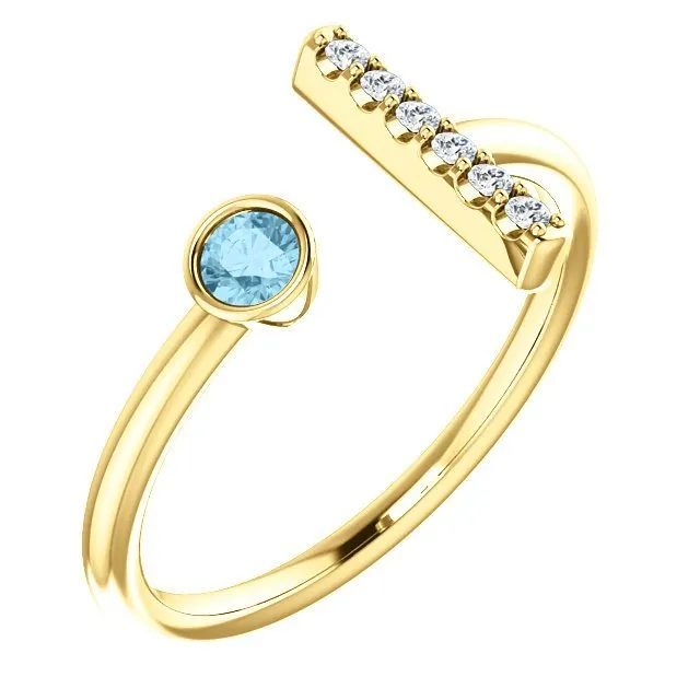14KT GOLD 0.10 CT AQUAMARINE & .06 CTW DIAMOND BAR RING