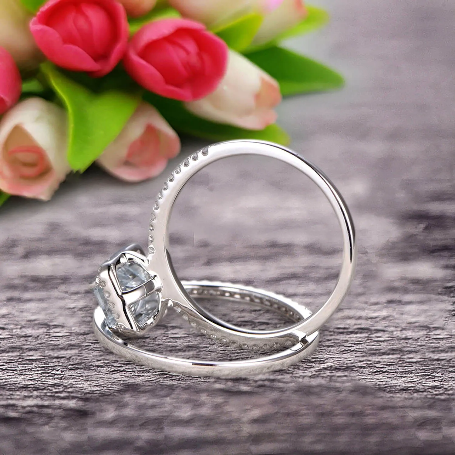 1.75 Carat Emerald Cut Wedding Set Aquamarine Engagement Ring With Matching Band On 10k White Gold