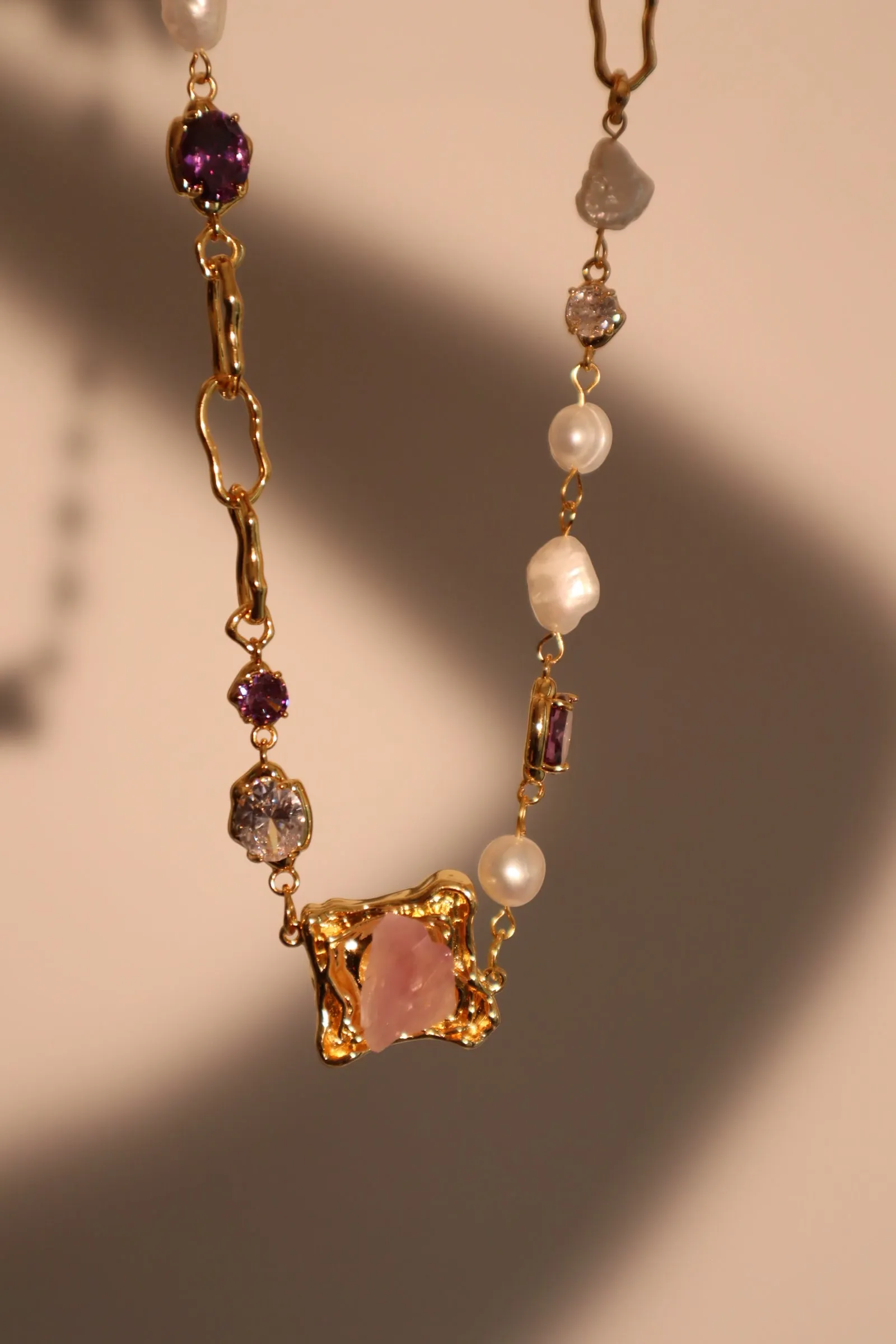 18K Real Gold Plated Natural Amethyst Diamonds Necklace