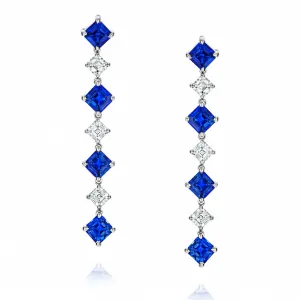 3.11 Carat Square Emerald Blue Sapphire and Diamond Platinum Earrings