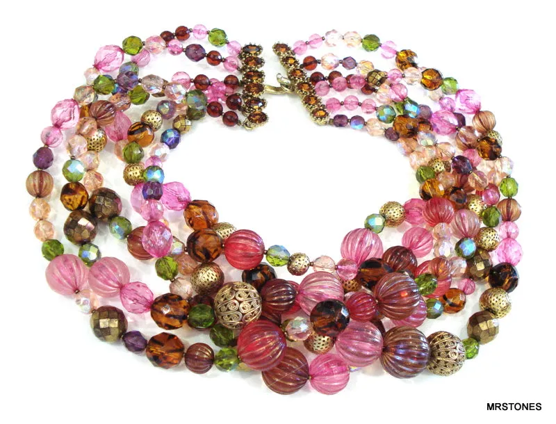 6 Strand Pink Purple Glass and Acrylic Beaded Necklace
