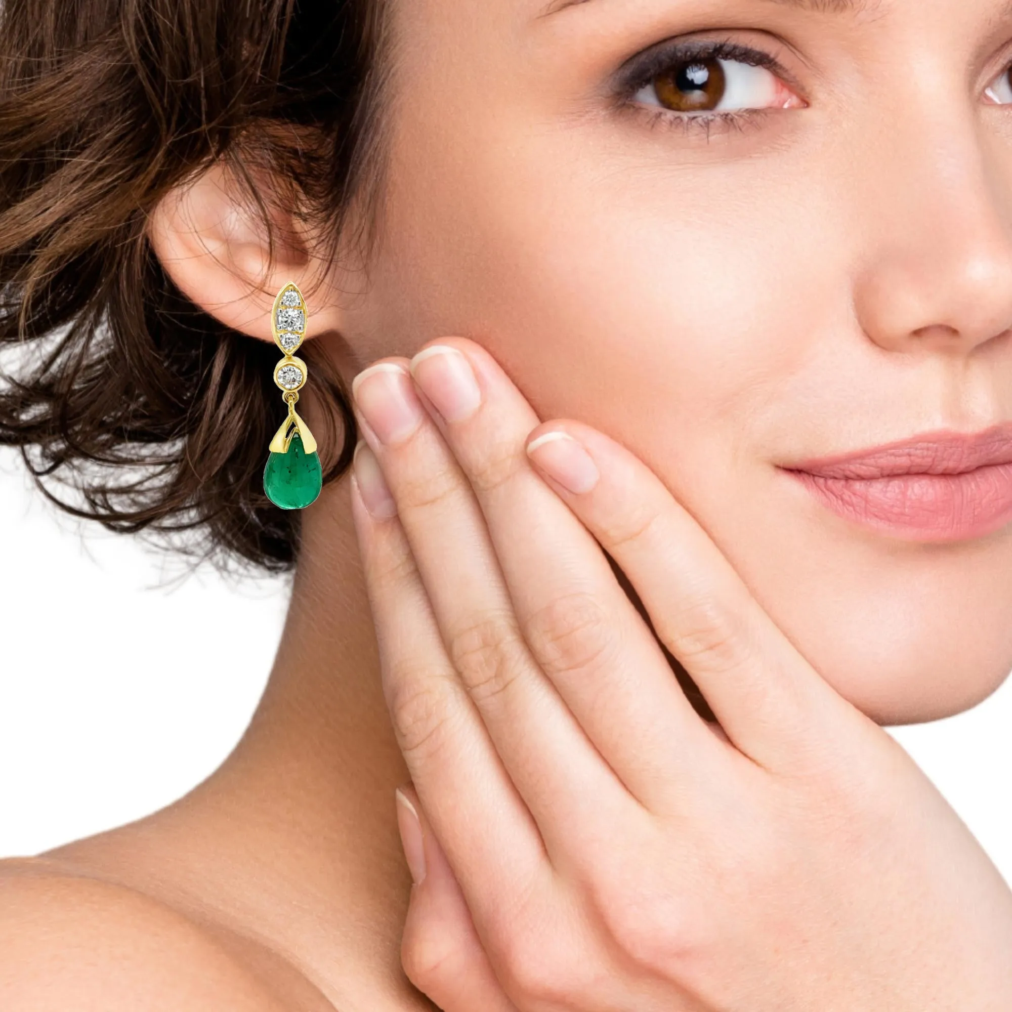 6.83 Carat Total  Diamond and Emerald Drop Yellow Gold Dangle Post Earrings
