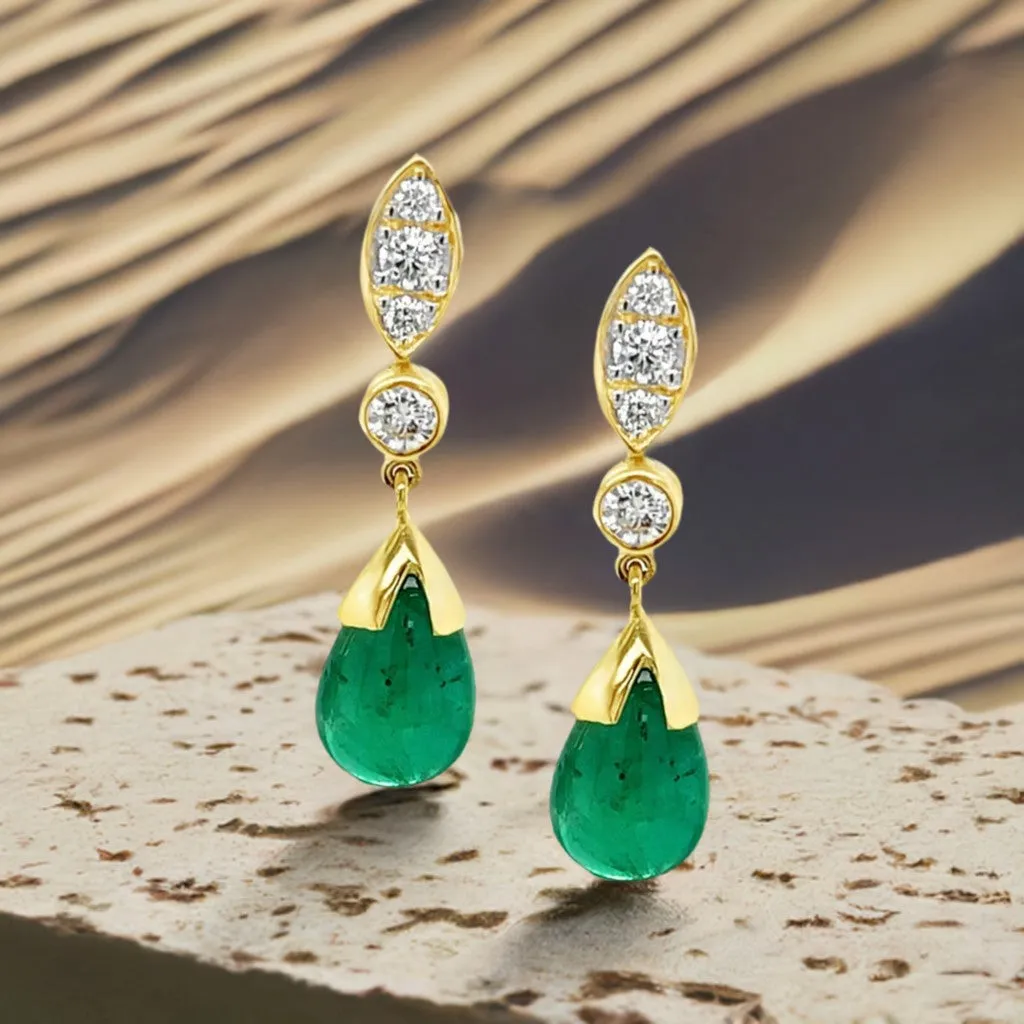 6.83 Carat Total  Diamond and Emerald Drop Yellow Gold Dangle Post Earrings