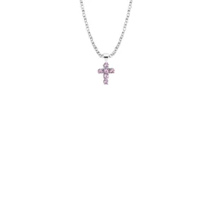 7/16 Inch Sterling Silver Baby Cross with Amethyst CZ Stones Necklace