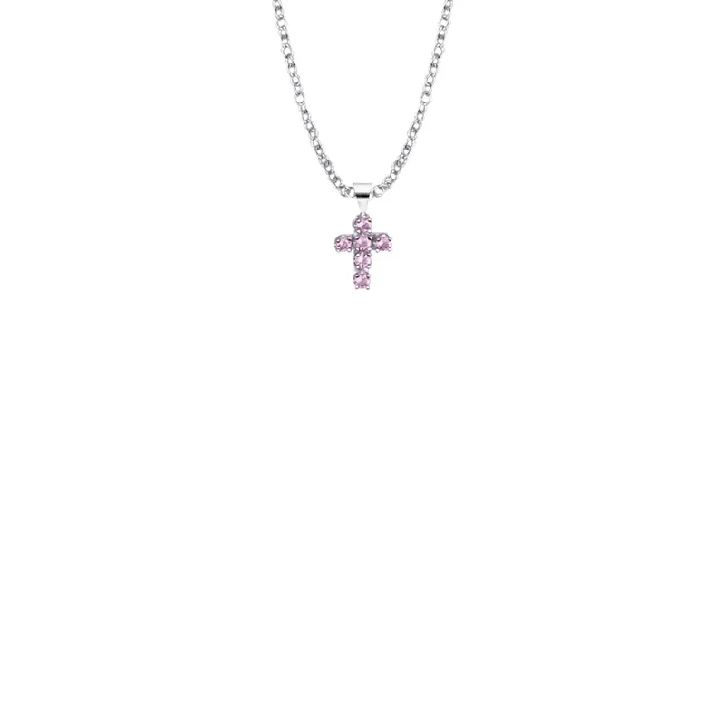 7/16 Inch Sterling Silver Baby Cross with Amethyst CZ Stones Necklace