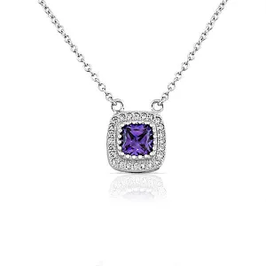 925 Sterling Silver Purple Violet Amethyst-Tone CZ Cushion Necklace