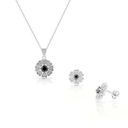 925 Sterling Silver White Purple Amethyst-Tone CZ Love Heart Flower Stud Earrings Pendant Necklace Set
