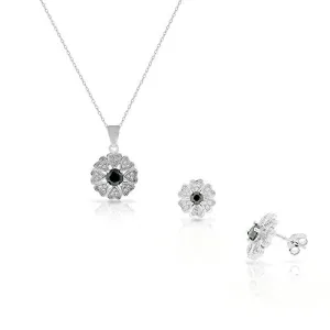 925 Sterling Silver White Purple Amethyst-Tone CZ Love Heart Flower Stud Earrings Pendant Necklace Set