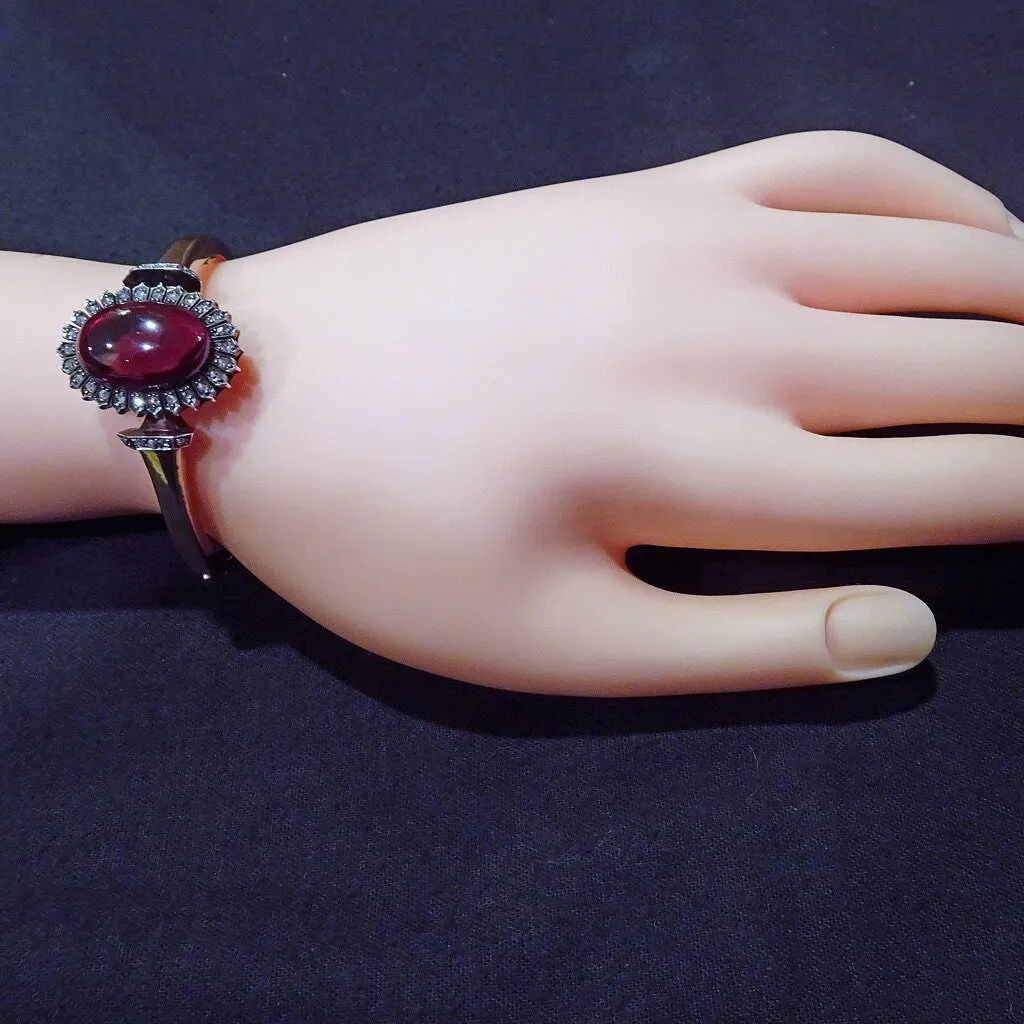 Antique Victorian Bangle Bracelet 18k Gold Diamonds Garnet French Appraisal(7111)