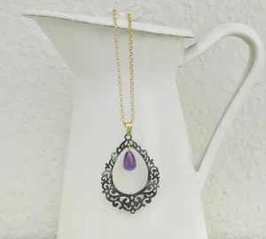 Black Amethyst Filigree Necklace, Teardrop Pendant In Moroccan Style, Goth Bridal Jewelry