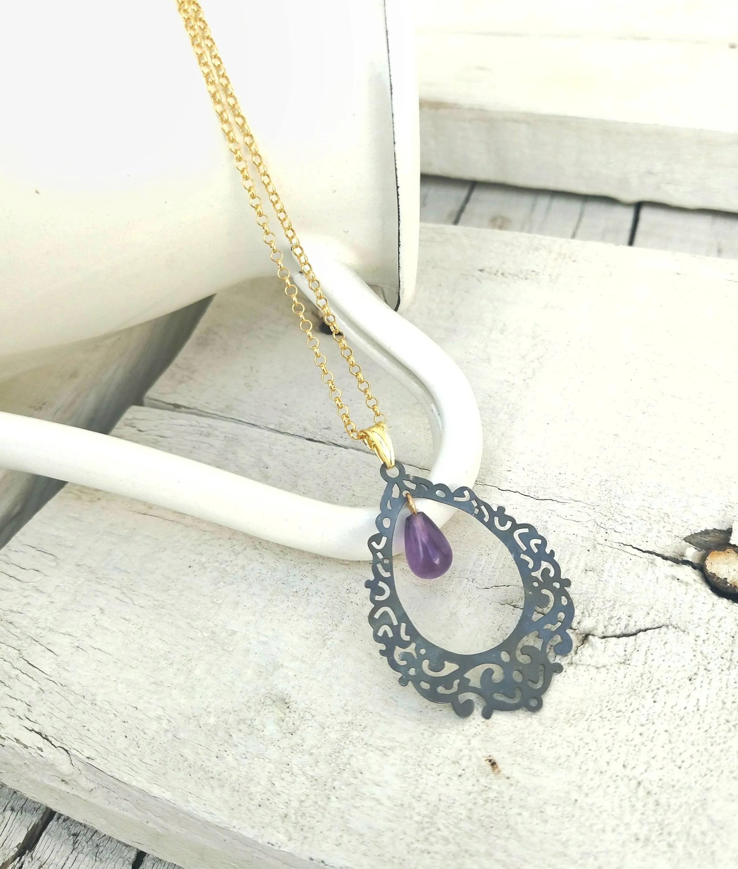 Black Amethyst Filigree Necklace, Teardrop Pendant In Moroccan Style, Goth Bridal Jewelry