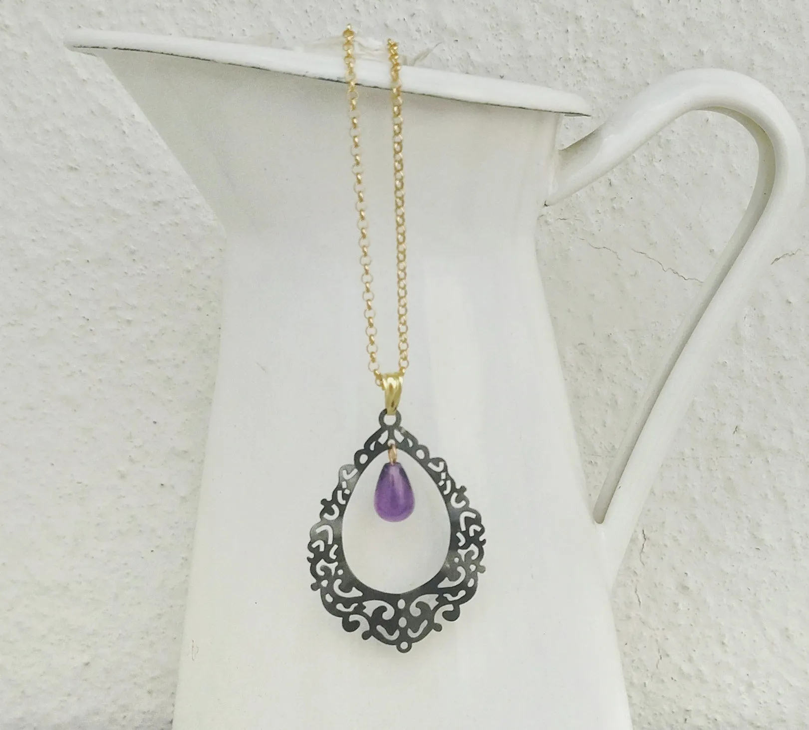 Black Amethyst Filigree Necklace, Teardrop Pendant In Moroccan Style, Goth Bridal Jewelry