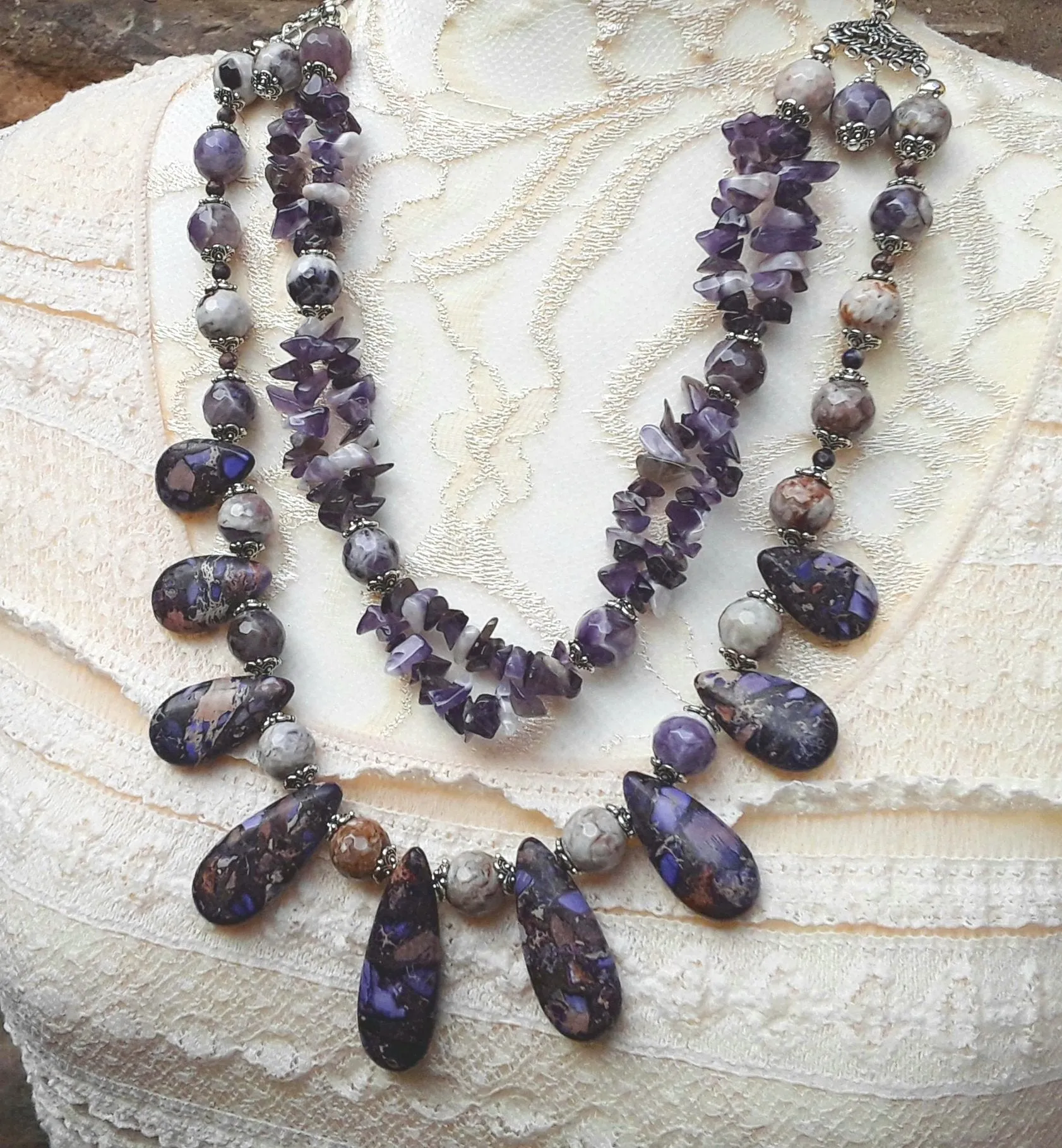 Boho Amethyst Multi-Strand Statement Necklace, Unique Gift for Her, Iris Apfel Inspired