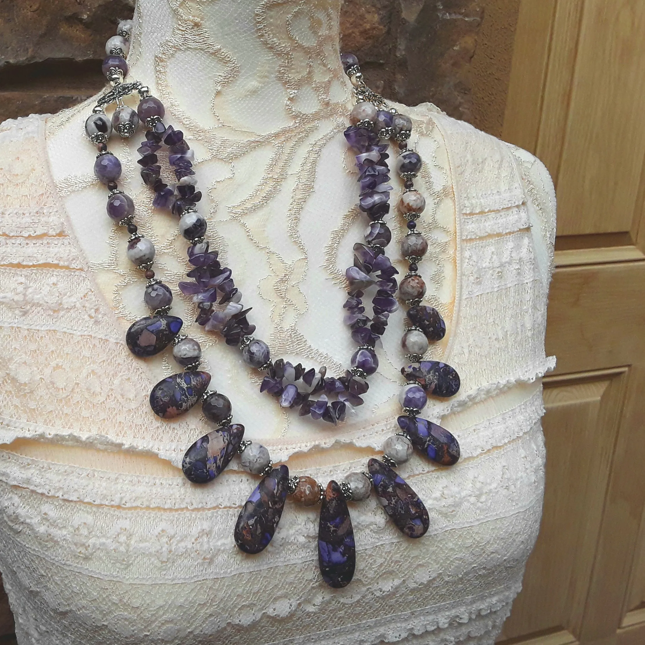 Boho Amethyst Multi-Strand Statement Necklace, Unique Gift for Her, Iris Apfel Inspired
