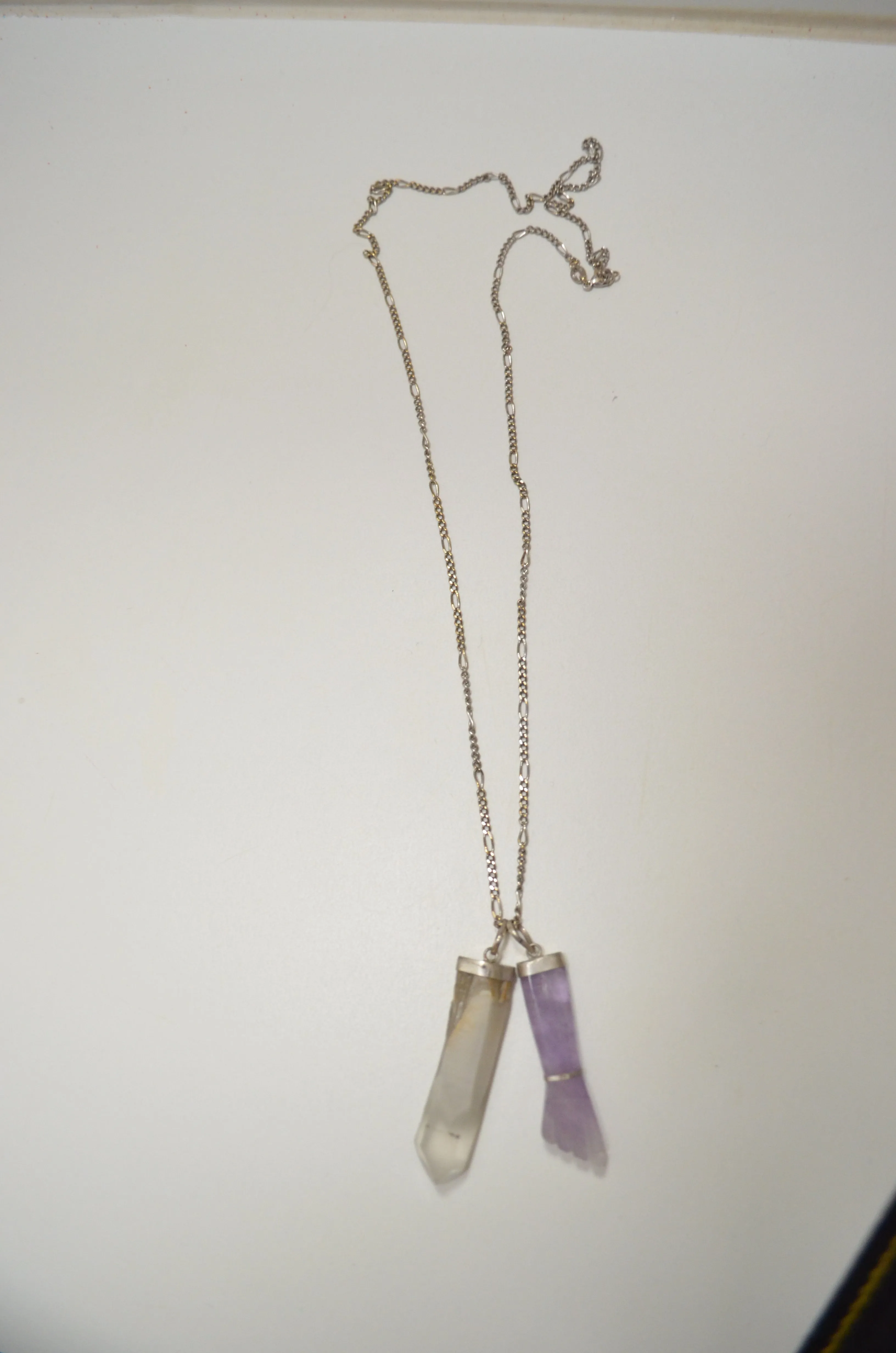 Brazilian Amethyst Mano fig hand pendant and Crystal Selenite stone pendant with silver plated cap