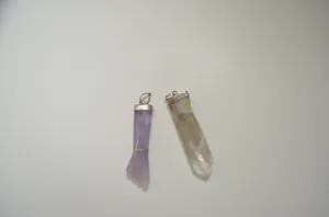 Brazilian Amethyst Mano fig hand pendant and Crystal Selenite stone pendant with silver plated cap