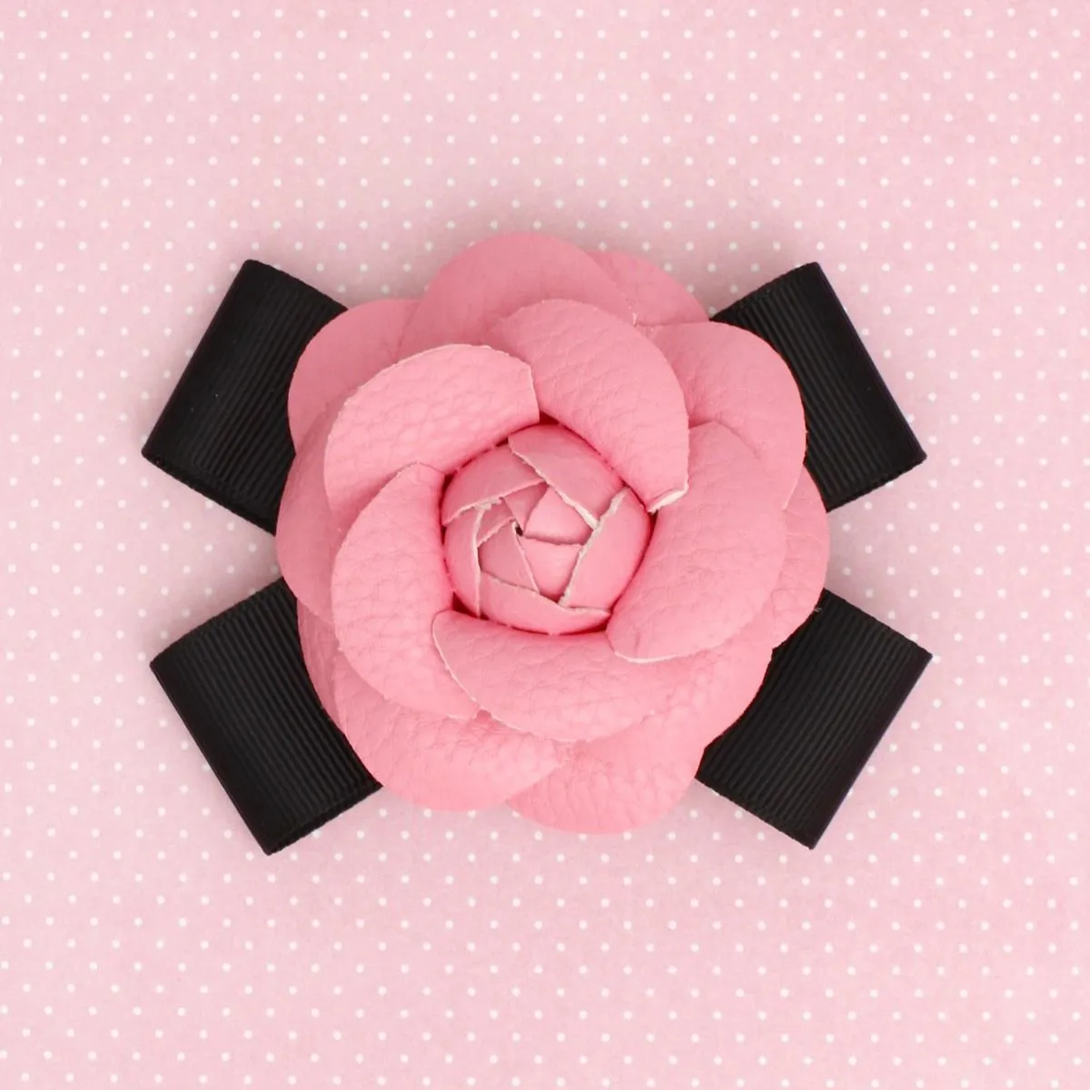 Brooch Clip Pink Faux Leather Camellia Ribbon Pin