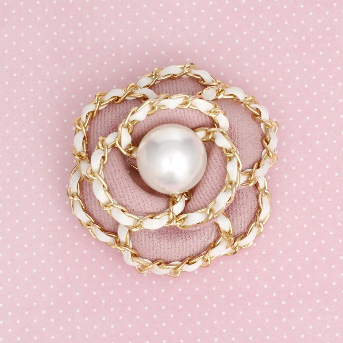 Brooch Clip Pink Pearl Chain Edge Camellia Flower