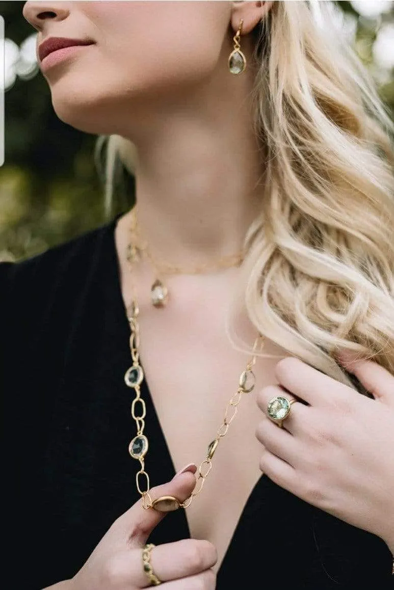 Color Collection Link Necklace with a Tear Drop Green Amethyst
