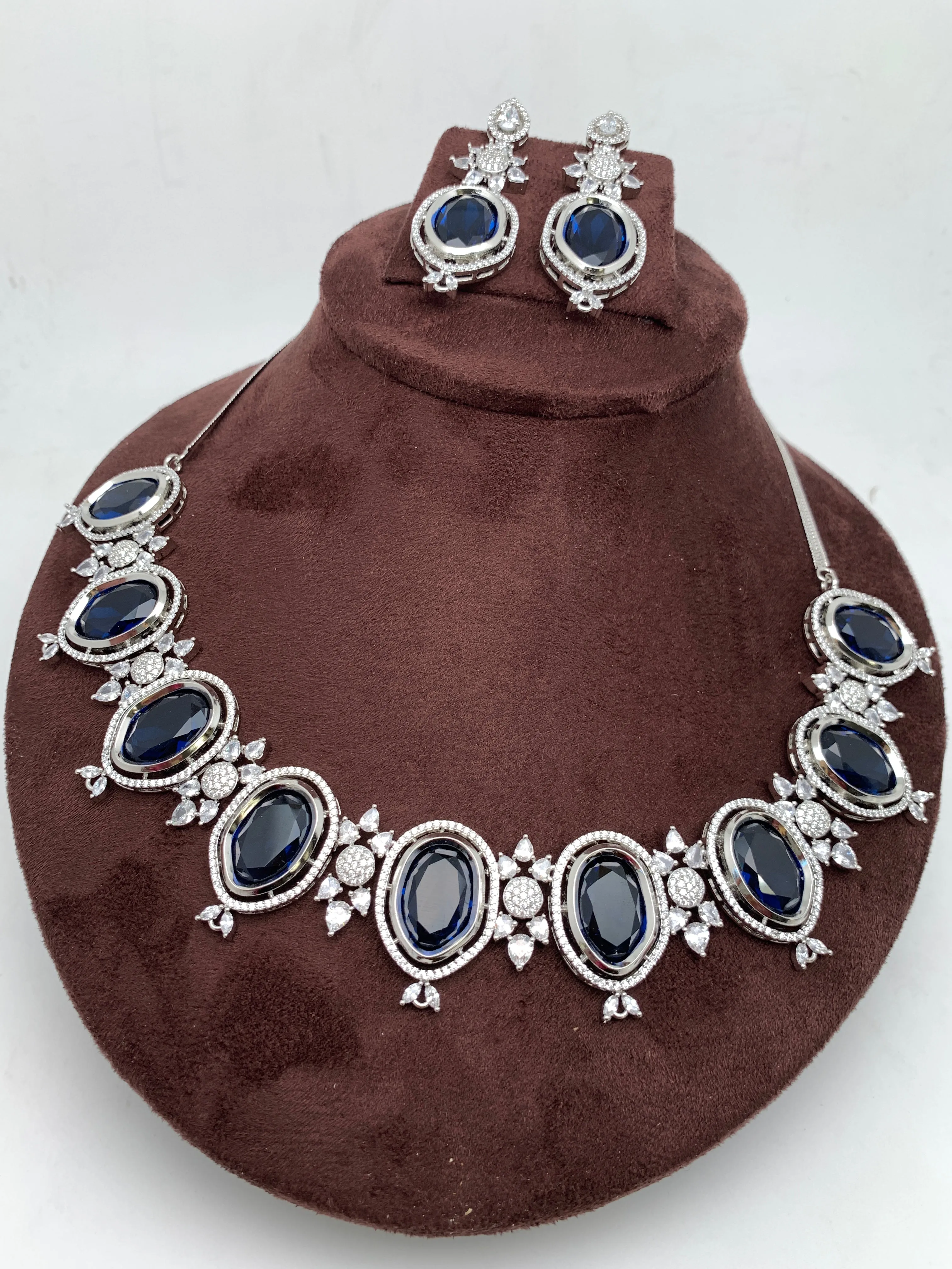 CZ Sapphire Blue Doublet Stone Silver Finish Short Neckalce
