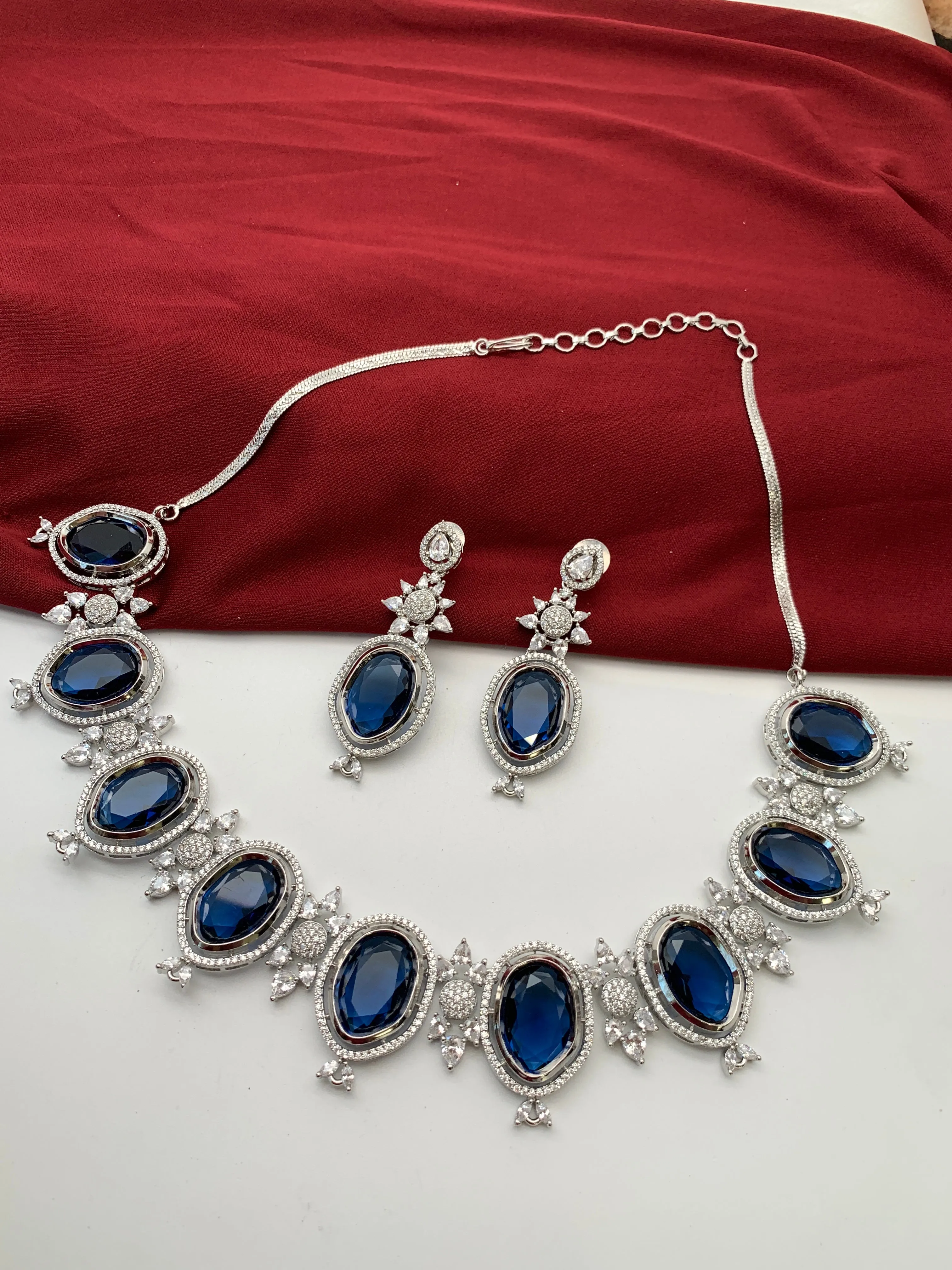 CZ Sapphire Blue Doublet Stone Silver Finish Short Neckalce