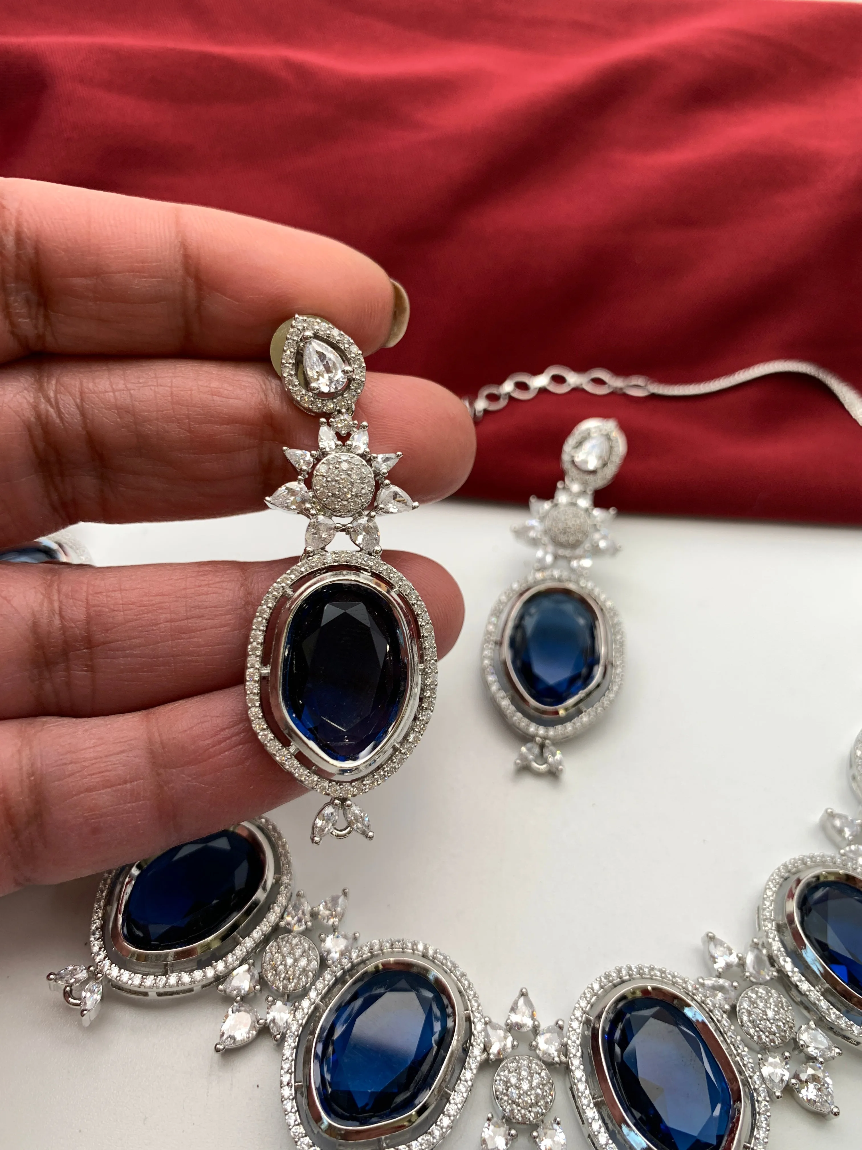 CZ Sapphire Blue Doublet Stone Silver Finish Short Neckalce