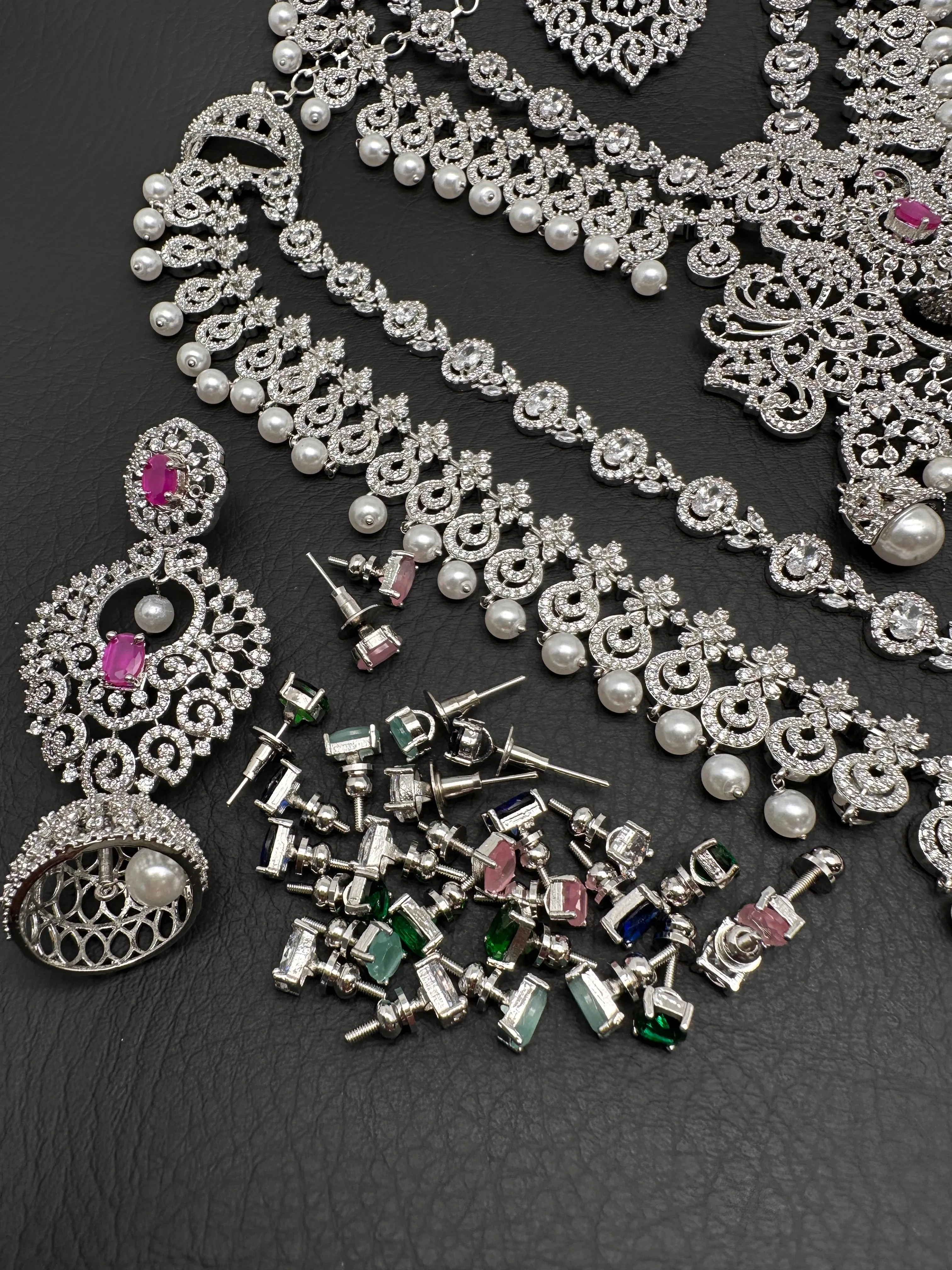 CZ Silver Finish Combo Set with Changeable Stones