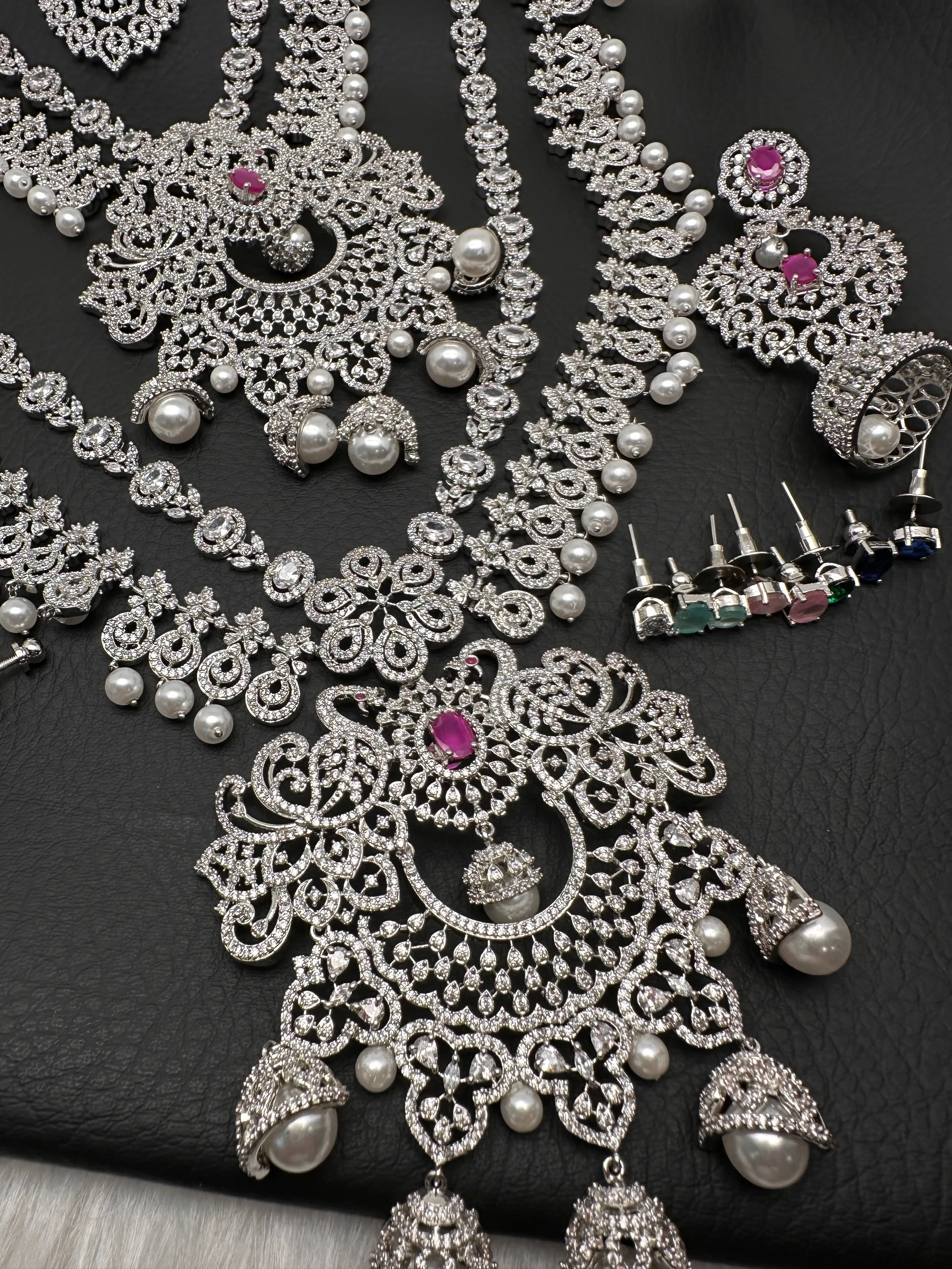 CZ Silver Finish Combo Set with Changeable Stones