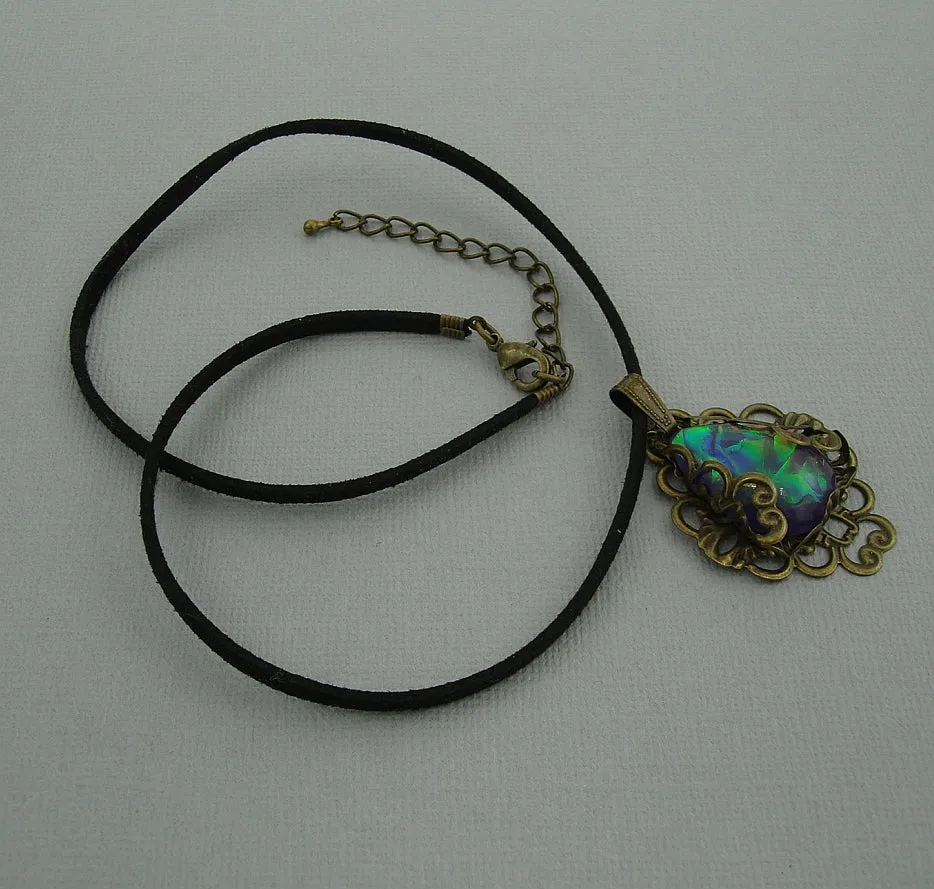 Fire Opal Lucite Teardrop Cabochon Filigree Wrapped Suede Cord Necklace.
