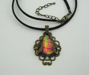 Fire Opal Lucite Teardrop Cabochon Filigree Wrapped Suede Cord Necklace.