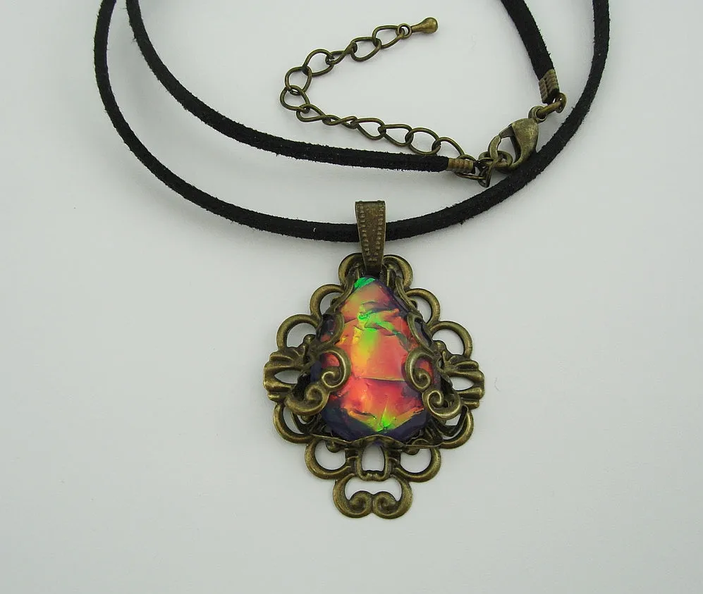 Fire Opal Lucite Teardrop Cabochon Filigree Wrapped Suede Cord Necklace.