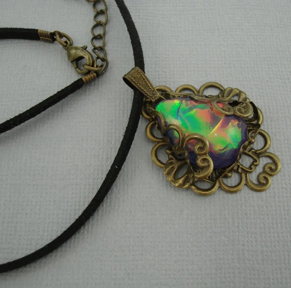 Fire Opal Lucite Teardrop Cabochon Filigree Wrapped Suede Cord Necklace.
