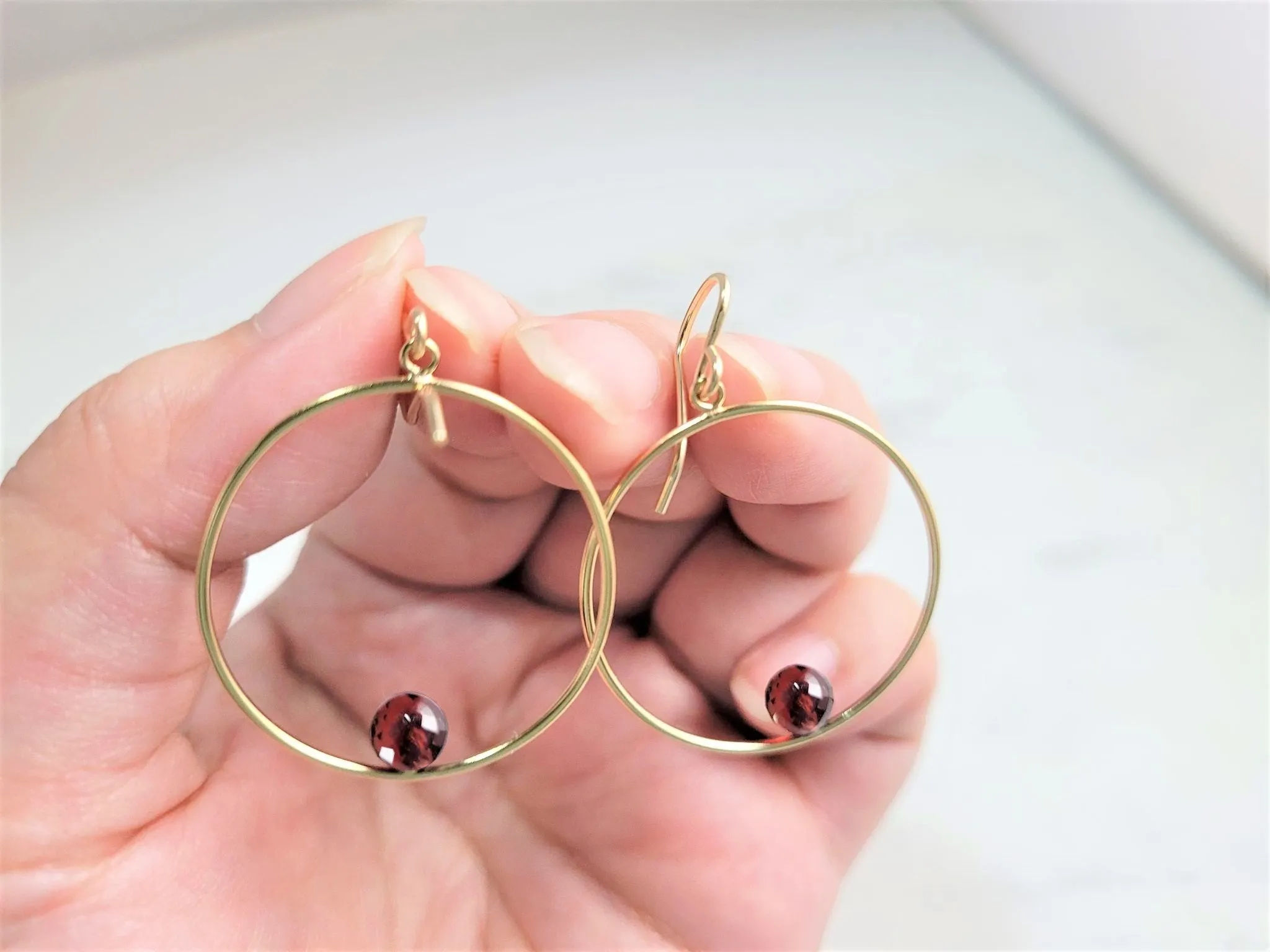 Garnet Hoop Earrings, 1" Hoop Earrings