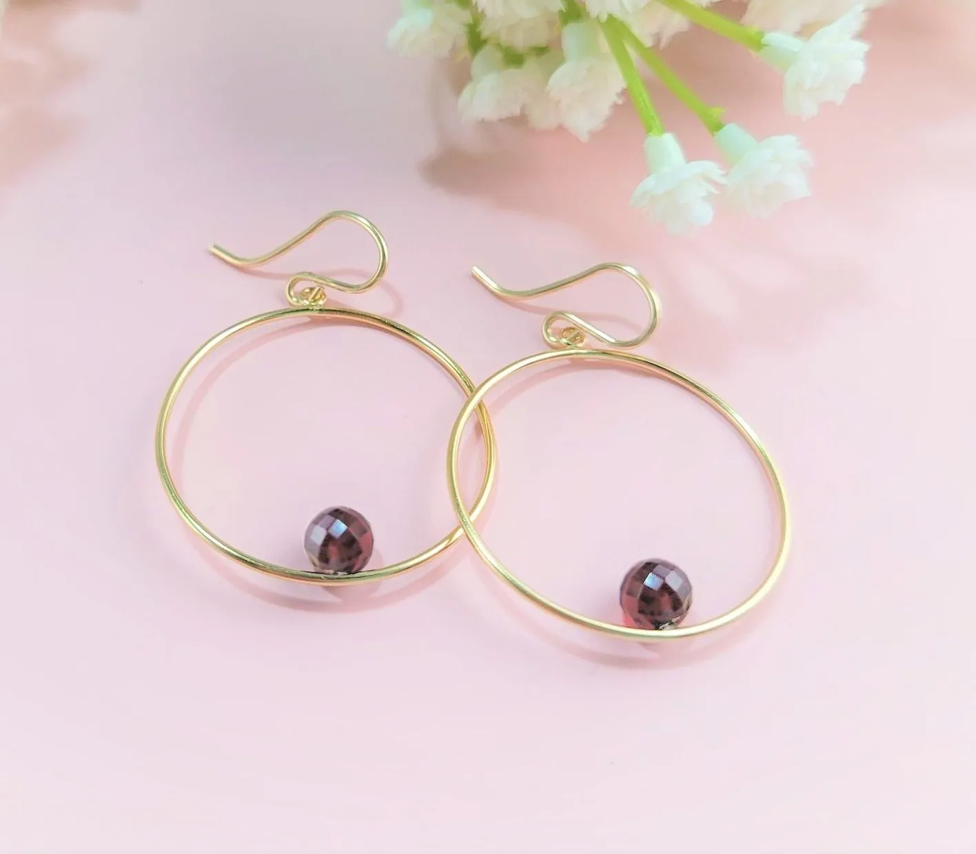 Garnet Hoop Earrings, 1" Hoop Earrings