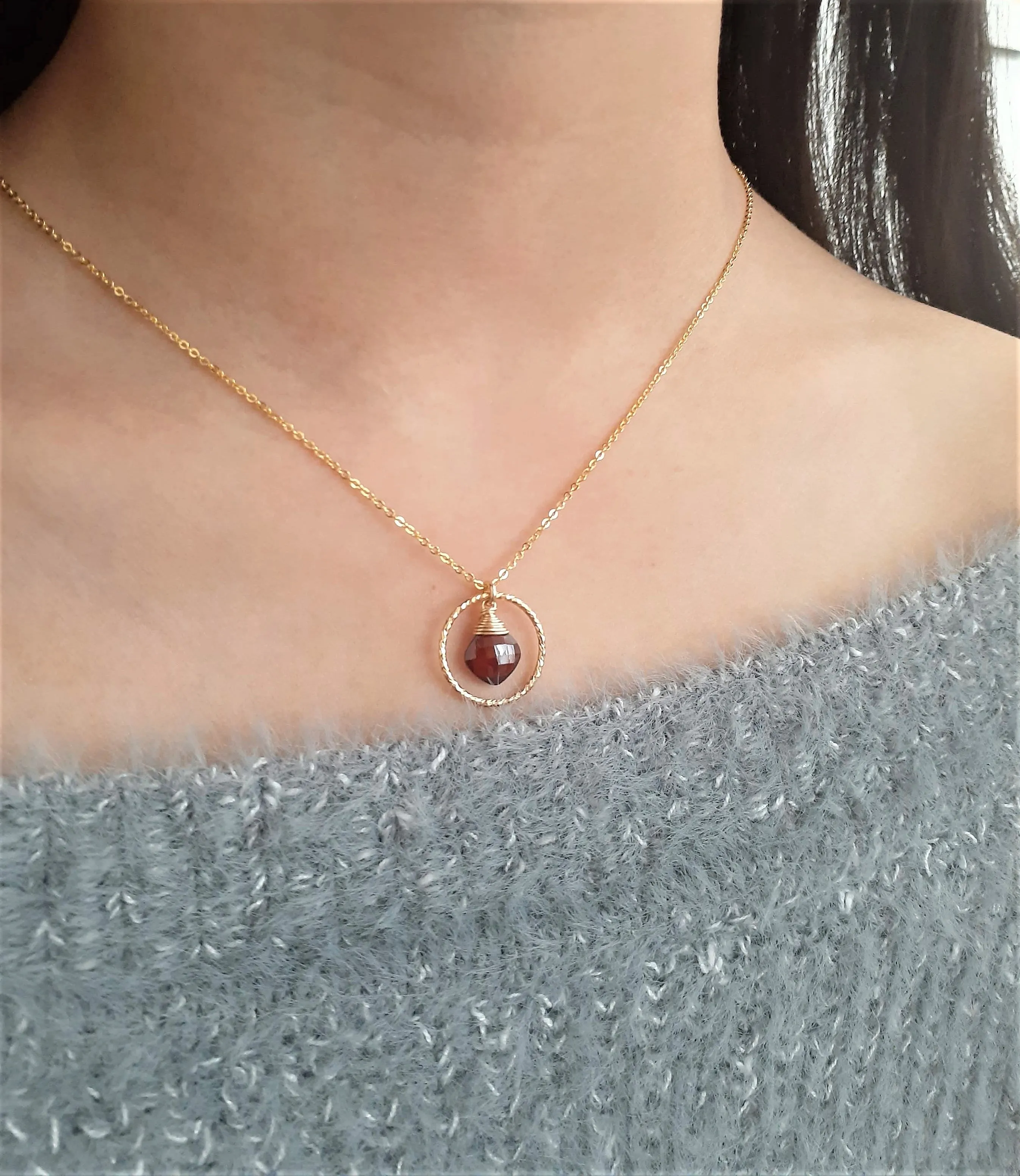 Garnet Hoop Pendant Necklace
