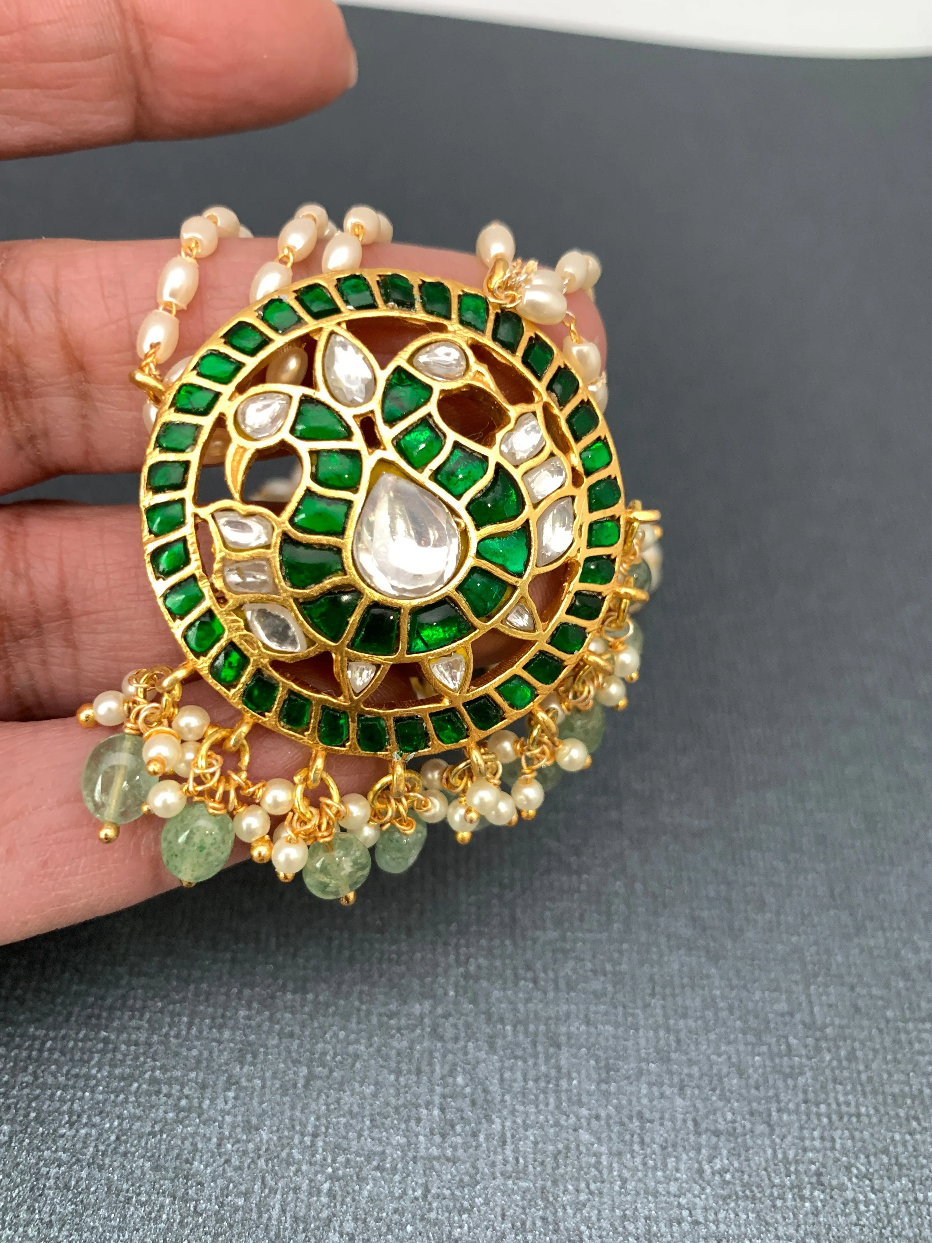 Green Jadau Kundan Emerald Beads Pendent with Rice Pearls Mala