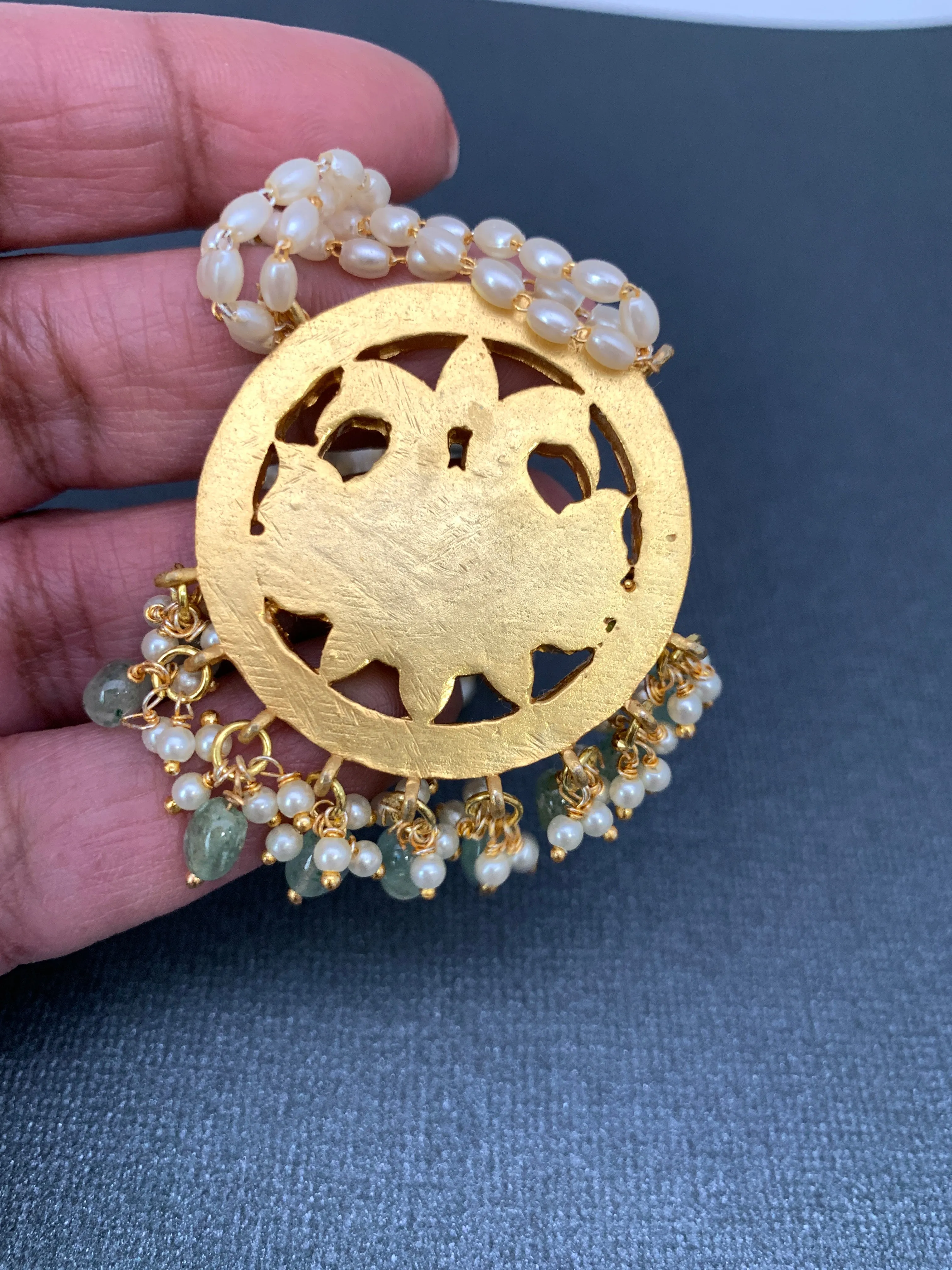 Green Jadau Kundan Emerald Beads Pendent with Rice Pearls Mala