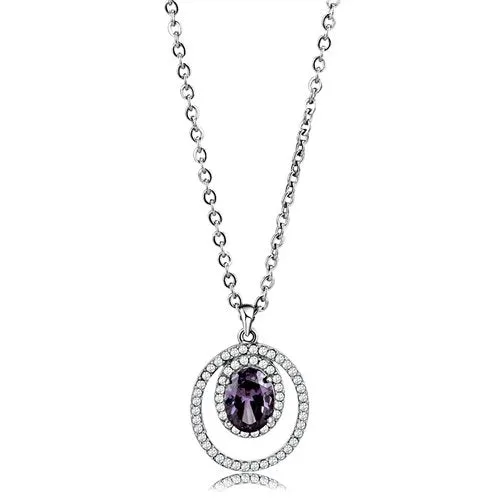 Jewellery Kingdom 6CT Cubic Zirconia Oval Purple Silver Stainless Steel Ladies Amethyst Necklace