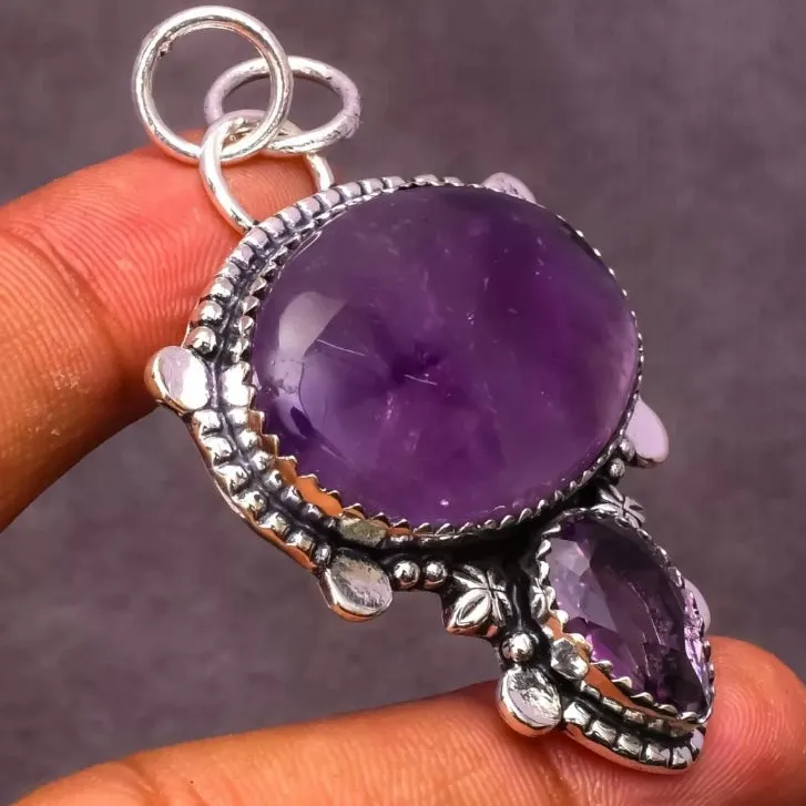 Large Artisan Crafted Amethyst Necklace Pendant Double Stone Sterling Silver New