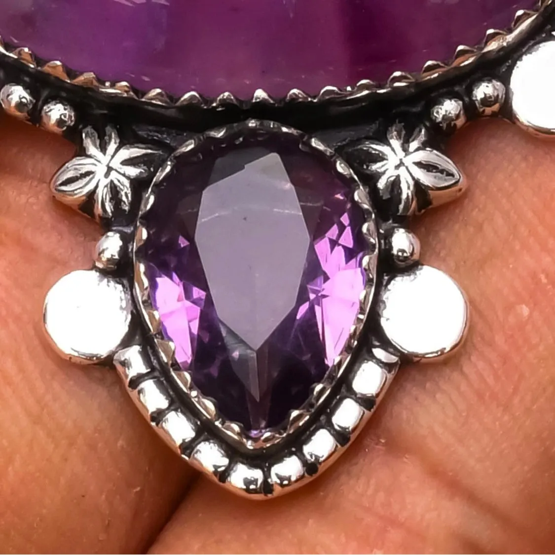 Large Artisan Crafted Amethyst Necklace Pendant Double Stone Sterling Silver New