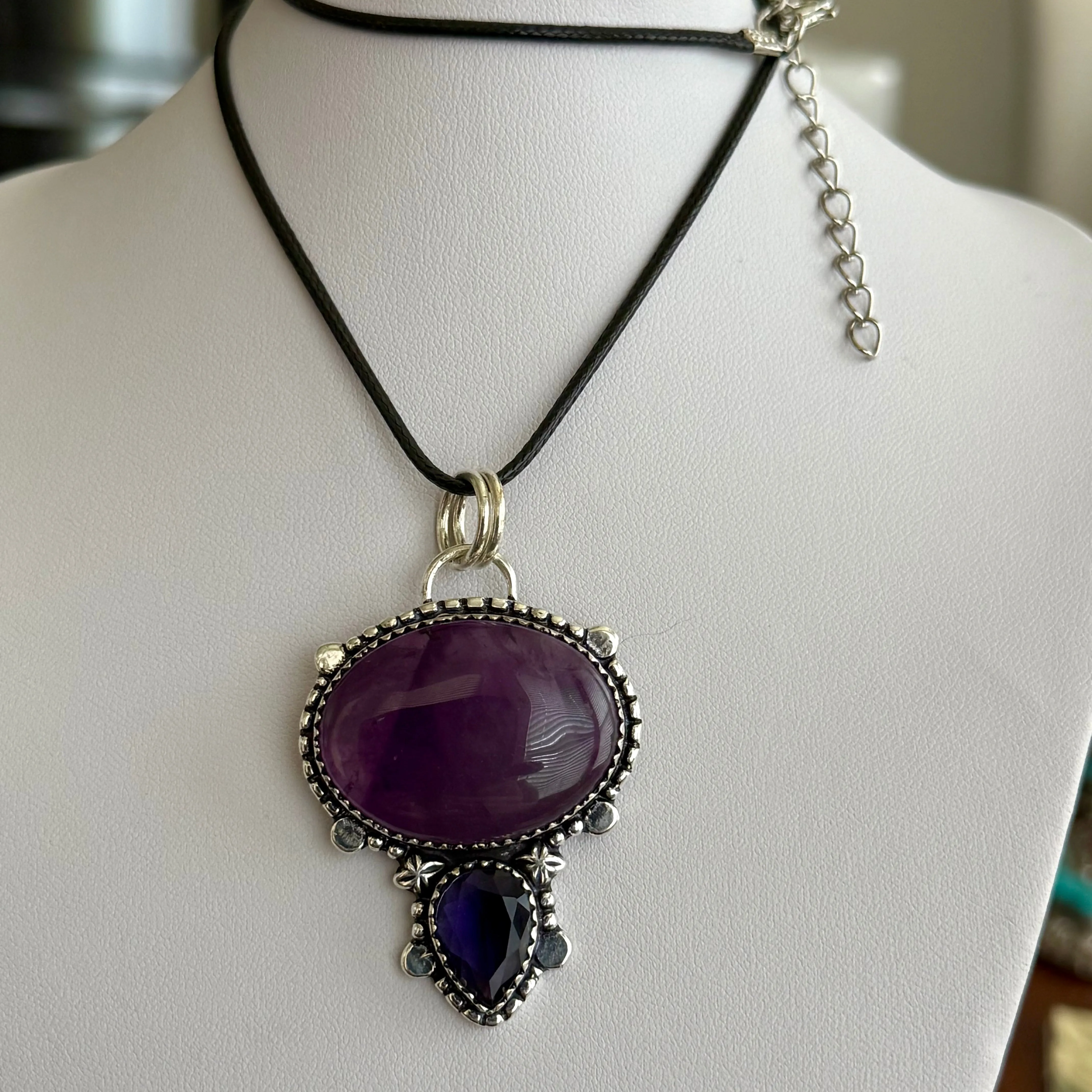 Large Artisan Crafted Amethyst Necklace Pendant Double Stone Sterling Silver New