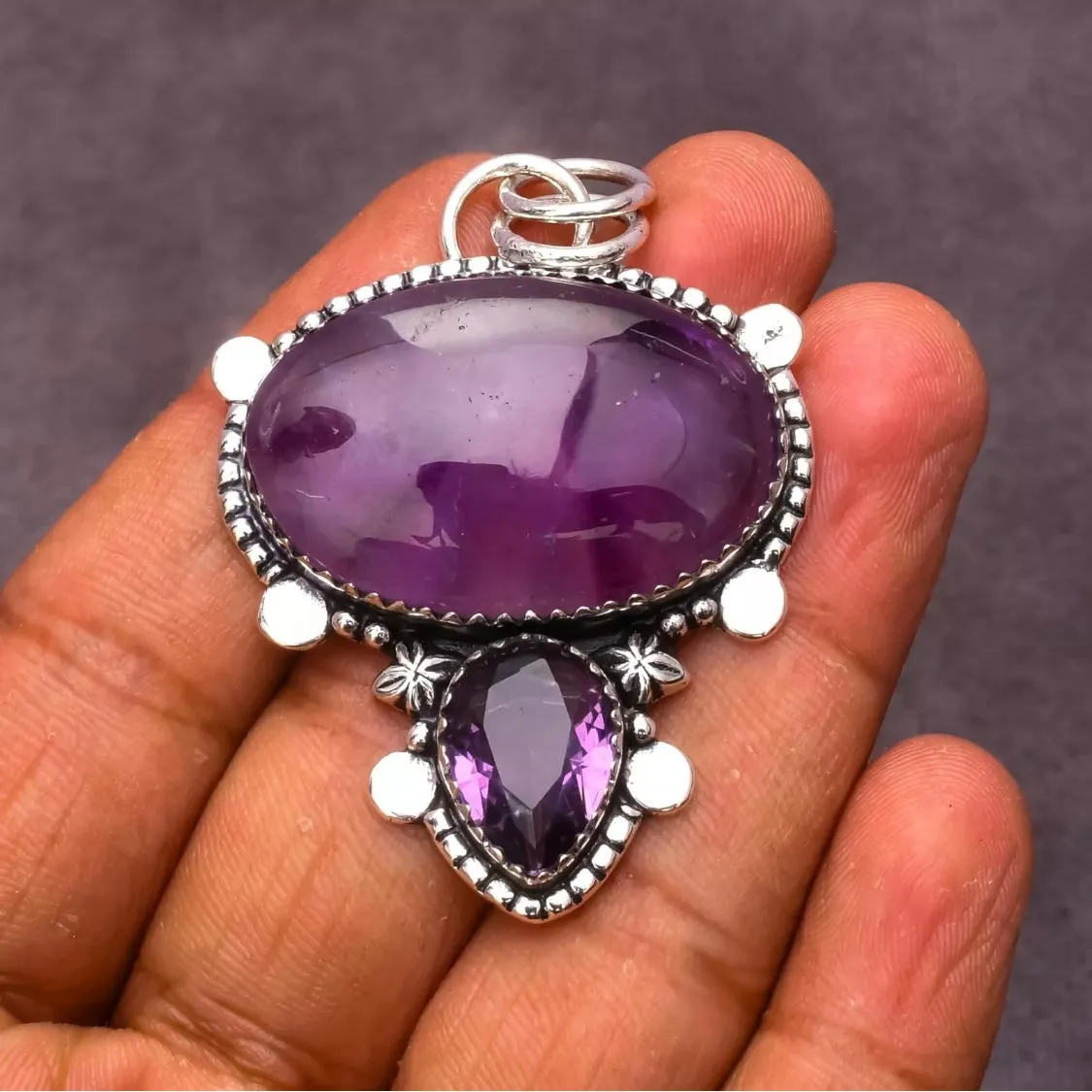 Large Artisan Crafted Amethyst Necklace Pendant Double Stone Sterling Silver New