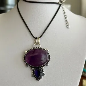 Large Artisan Crafted Amethyst Necklace Pendant Double Stone Sterling Silver New