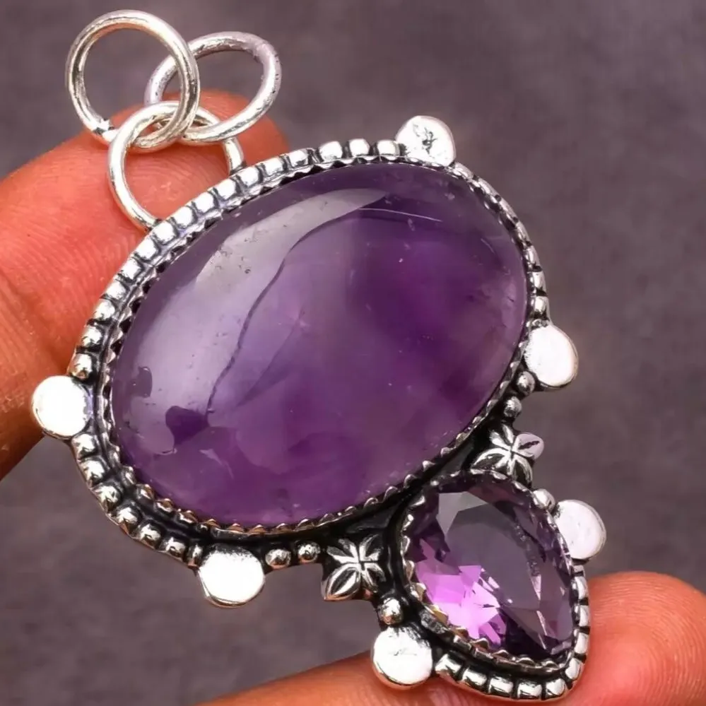 Large Artisan Crafted Amethyst Necklace Pendant Double Stone Sterling Silver New