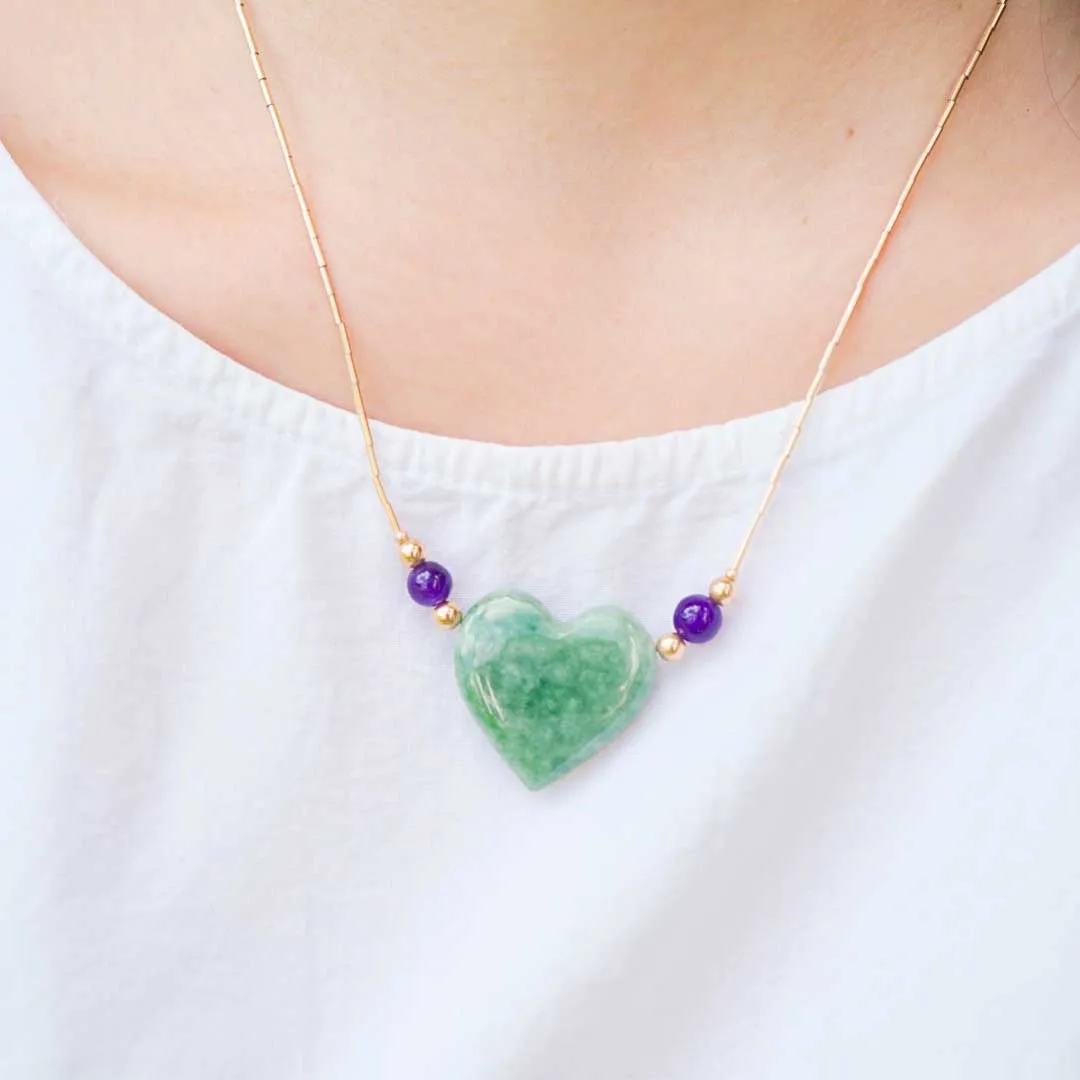 Mint Jade Heart Necklace with Amethyst in Gold Filled