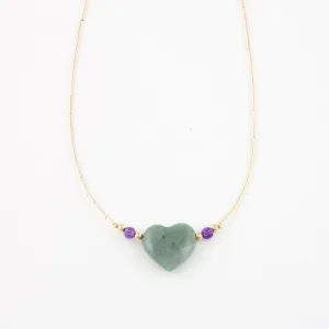 Mint Jade Heart Necklace with Amethyst in Gold Filled