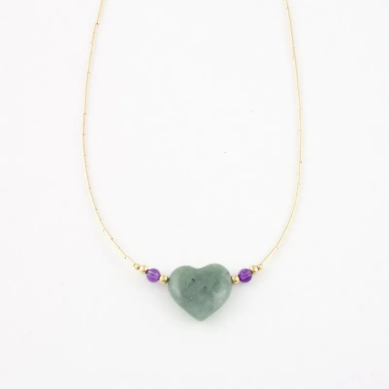 Mint Jade Heart Necklace with Amethyst in Gold Filled